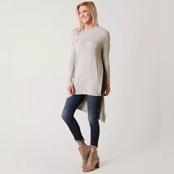 We The Free Tops - FREE PEOPLE Grapevine Tunic Split Side Long Sleeve Ribbed Knit Top Grey Size M
